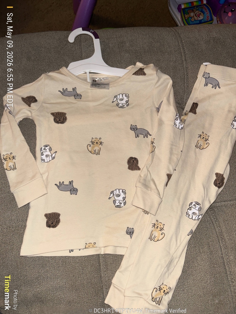 H&M Cream Long Sleeve Top with Cat & Dog Print